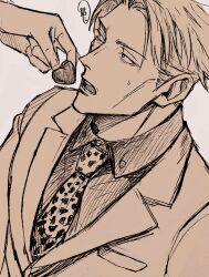 Rule 34 | 1boy, absurdres, animal print, candy, chocolate, chocolate heart, collared shirt, commentary, disembodied hand, food, formal, heart, highres, jujutsu kaisen, leopard print, looking at viewer, nanami kento, necktie, nekonii, open mouth, shirt, short hair, solo, suit, symbol-only commentary, teeth, upper body