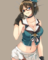 Rule 34 | 10s, 1girl, adjusting eyewear, adjusting hair, bare shoulders, bespectacled, blue eyes, blush, breasts, brown hair, cleavage, collarbone, female focus, glasses, gloves, grin, hat, headgear, kantai collection, large breasts, looking at viewer, maya (kancolle), midriff, miniskirt, navel, remodel (kantai collection), rinarisa, short hair, skirt, smile, solo, stomach, uniform