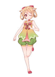 Rule 34 | 1girl, absurdres, animal ears, bare arms, bare shoulders, bell, blush, bow, brown hair, choker, full body, green shorts, hair bow, hanami dango (zzldango), high heels, highres, jingle bell, looking at viewer, one eye closed, original, pink footwear, puffy shorts, red bow, red choker, red eyes, ribbon, shorts, simple background, sleeveless, smile, solo, standing, standing on one leg, vest, white background