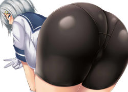 Rule 34 | 1girl, ass, ass focus, bad id, bad pixiv id, bloomers, blue eyes, blush, breasts, curvy, embarrassed, gloves, hair ornament, hairclip, hamakaze (kancolle), hanging breasts, highres, kantai collection, large breasts, leaning forward, looking at viewer, looking back, panties, panties under bloomers, plump, school uniform, serafuku, short hair, short sleeves, silver hair, simple background, solo, terakoya, underwear, v, white background, white gloves