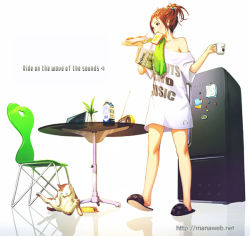 Rule 34 | 1girl, bread slice, brown hair, casual, cat, chair, computer, food, food in mouth, laptop, magnet, mana kakkowarai, milk carton, mouth hold, newspaper, no pants, off shoulder, original, refrigerator, short hair, slippers, solo, table, toast, toast in mouth, watermark, web address
