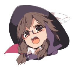 Rule 34 | 1girl, bad id, bad twitter id, bow, brown eyes, brown hair, cape, glasses, hasebe yuusaku, hat, hat bow, hat ribbon, low twintails, open mouth, red-framed eyewear, ribbon, short hair, simple background, solo, teeth, touhou, twintails, usami sumireko