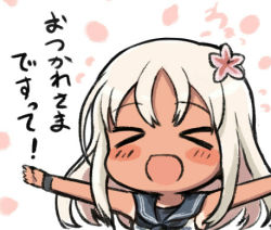Rule 34 | &gt; &lt;, 10s, 1girl, :d, engiyoshi, closed eyes, flower, hair flower, hair ornament, kantai collection, long hair, lowres, open mouth, ro-500 (kancolle), school uniform, serafuku, smile, solo, tan, translated, white hair