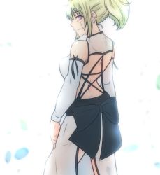 Rule 34 | 1girl, absurdres, backless outfit, black bow, blonde hair, bow, facial scar, from behind, gintama, hair between eyes, highres, long hair, looking at viewer, looking back, paleatus, ponytail, purple eyes, scar, scar on cheek, scar on face, simple background, solo, standing, tsukuyo (gintama), white background