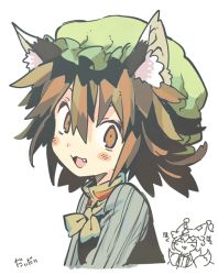 Rule 34 | 1girl, animal ears, blush stickers, brown eyes, brown hair, cat ears, chen, fang, hat, long sleeves, mob cap, morino hon, open mouth, portrait, shirt, short hair, simple background, smile, text focus, touhou, vest, white background, yakumo ran