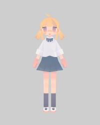 Rule 34 | 1girl, :d, ahoge, arms at sides, bandaid, bandaid on face, black socks, blonde hair, daizu (melon-lemon), full body, gloves, grey background, looking at viewer, low poly, low twintails, no lineart, open mouth, original, pleated skirt, shirt, shoes, simple background, skirt, smile, socks, solo, twintails, uwabaki, white shirt