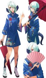 Rule 34 | 1girl, au ra, blue hair, blue kimono, closed mouth, covering own mouth, cropped legs, dragon horns, dragon tail, final fantasy, final fantasy xiv, flat chest, full body, hair between eyes, hair over one eye, hand fan, highres, holding, holding fan, holding umbrella, horns, japanese clothes, kimono, looking at viewer, multiple views, oil-paper umbrella, ojiki, okobo, open mouth, purple eyes, sandals, scales, simple background, smile, tail, umbrella, upper body, white background, wide sleeves