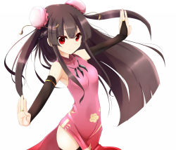Rule 34 | 1girl, alternate costume, alternate hairstyle, amano kouki, black hair, black thighhighs, breasts, bridal gauntlets, china dress, chinese clothes, double bun, dress, fighting stance, hair bun, highres, houraisan kaguya, jewelry, long hair, necklace, quipao, red eyes, side slit, small breasts, smile, solo, thighhighs, touhou