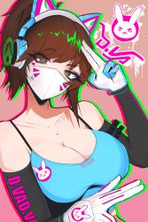 Rule 34 | 1girl, @ @, absurdres, ace glitch, animal ear headphones, animal ears, animal print, animification, arm up, barcode, bare shoulders, blue shirt, breasts, brown eyes, brown hair, cat ear headphones, character name, cleavage, collarbone, crop top, d.va (overwatch), fake animal ears, gloves, headphones, heart, highres, large breasts, light blush, looking at viewer, masked, overwatch, overwatch 2, pink background, ponytail, rabbit print, salute, shirt, short hair, solo, upper body, white gloves, white mask