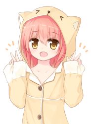Rule 34 | 1girl, :d, animal ears, animal hood, beige shirt, blush, buttons, cat ears, cat hood, cat pajamas, collarbone, double v, hair between eyes, hands up, hood, hood up, long sleeves, looking at viewer, open mouth, original, pajamas, pinching sleeves, pink hair, simple background, sleeves past wrists, smile, solo, upper body, v, white background, wide sleeves, yellow eyes, yuuhagi (amaretto-no-natsu)
