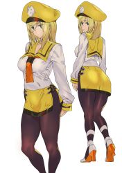 Rule 34 | 1girl, adapted costume, ashiomi masato, blonde hair, blue eyes, brown pantyhose, commentary request, guilty gear, guilty gear xrd, hat, high heels, millia rage, miniskirt, pantyhose, sailor collar, sailor hat, sailor shirt, shirt, side slit, skirt, solo, tight clothes, tight shirt