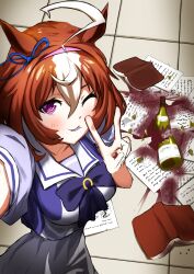 Rule 34 | 1girl, @ @, absurdres, ahoge, animal ears, banpunsik, blue ribbon, blush, bow, breasts, broken bottle, brown hair, commentary request, hair between eyes, highres, horse ears, horse girl, juice, large breasts, looking at viewer, meisho doto (umamusume), multicolored hair, one eye closed, pages, paper, puffy short sleeves, puffy sleeves, purple bow, purple eyes, purple shirt, ribbon, sailor collar, school uniform, selfie, shirt, short hair, short sleeves, skirt, solo, streaked hair, summer uniform, tile floor, tiles, tracen school uniform, umamusume, v, white hair, white skirt