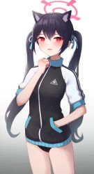 Rule 34 | 1girl, absurdres, animal ear fluff, animal ears, black buruma, black hair, blue archive, blush, bow, buruma, cat ears, commentary request, gym uniform, hair between eyes, hair bow, hair ribbon, halo, hand in pocket, highres, jacket, long hair, long sleeves, looking at viewer, official alternate costume, parted lips, red eyes, ribbon, serika (blue archive), sidelocks, simple background, solo, track jacket, twintails, white background, yoonnong