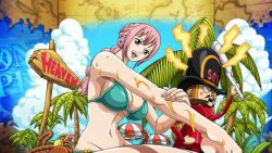 Rule 34 | 1girl, angry, beach, bikini, cloud, curvy, kyros, mr soldier, one piece, pink hair, rebecca (one piece), sitting, sky, smile, swimsuit, toy