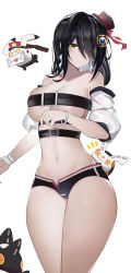 Rule 34 | 1girl, absurdres, artist request, bangle, bare shoulders, belt, bikini, black bikini, black hair, bracelet, breasts, cleavage, closed mouth, collarbone, commission, cowboy shot, detached sleeves, drone, earrings, elsword, eve (2nas) (elsword), eve (elsword), facial mark, hair down, hair ornament, hair over one eye, hat, highres, jewelry, large breasts, long hair, looking at viewer, mini hat, mini top hat, moby (elsword), multiple belts, navel, one eye closed, remy (elsword), second-party source, solo, standing, stomach, swimsuit, thighs, top hat, yellow eyes