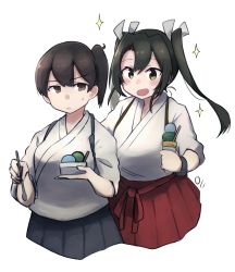 Rule 34 | 2girls, blue hakama, brown eyes, brown hair, food, green eyes, green hair, hair between eyes, hair ribbon, hakama, hakama short skirt, hakama skirt, highres, holding, holding food, ice cream, japanese clothes, kaga (kancolle), kantai collection, long hair, ma rukan, multiple girls, open mouth, red hakama, ribbon, side ponytail, signature, simple background, skirt, smile, sparkle, tasuki, twintails, white background, white ribbon, zuikaku (kancolle), zuikaku kai ni (kancolle)
