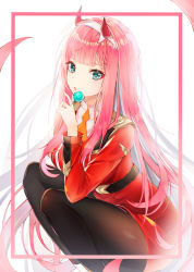 Rule 34 | 10s, 1girl, :o, bad id, bad pixiv id, between fingers, black pantyhose, blunt bangs, breasts, candy, darling in the franxx, food, framed, green eyes, hairband, holding, holding candy, holding food, holding lollipop, horns, jacket, lollipop, long hair, long sleeves, looking at viewer, makeup, medium breasts, mellozzo, military, military uniform, necktie, orange necktie, pantyhose, pink hair, red jacket, shirt, sidelocks, simple background, solo, squatting, straight hair, uniform, very long hair, white background, white footwear, white hairband, white shirt, zero two (darling in the franxx)