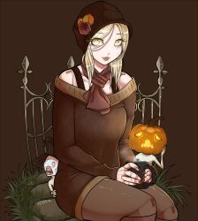 Rule 34 | 1girl, bloodborne, doll joints, halloween, hat, highres, hot drink, joints, plain doll, solo, sweater, witch hat, yellow eyes