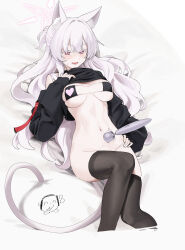 Rule 34 | 1girl, absurdres, akira (blue archive), animal ear fluff, animal ears, doodle sensei (blue archive), bed sheet, black shirt, black thighhighs, blue archive, blush, breasts, cat ears, cat tail, cropped legs, feet out of frame, groin, halo, highres, large breasts, long hair, long sleeves, mark jin, navel, open mouth, pink halo, red eyes, sensei (blue archive), shirt, solo, tail, thighhighs, wavy hair, white hair, womb massage