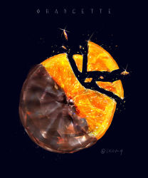 Rule 34 | absurdres, artist name, black background, breaking, chocolate, cocon (cocon q), english text, food, food focus, fruit, glint, highres, no humans, orange (fruit), orange slice, orange theme, orangette, original, signature, simple background, still life, twitter username