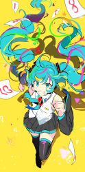 Rule 34 | 1girl, absurdres, black footwear, black skirt, black sleeves, black thighhighs, blue eyes, blue hair, blue trim, blush, brand new day (vocaloid), calendar (object), collared shirt, detached sleeves, green hair, grin, hatsune miku, headphones, headset, highres, iwatnc, long hair, long sleeves, multicolored hair, pink hair, pleated skirt, running, shirt, simple background, skirt, smile, solo, streaked hair, thighhighs, twintails, very long hair, vocaloid, white shirt, yellow background