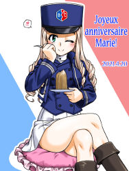 Rule 34 | 1girl, ;), bc freedom (emblem), bc freedom military uniform, birthday, black footwear, blonde hair, blue hat, blue jacket, blue vest, boots, character name, closed mouth, commentary, crossed legs, dated, dress shirt, drill hair, emblem, flag background, food, fork, french flag, french text, frilled pillow, frills, girls und panzer, green eyes, hand on own face, happy birthday, hat, heart, high collar, holding, holding fork, holding saucer, jacket, kepi, knee boots, long hair, long sleeves, looking at viewer, marie (girls und panzer), military, military hat, military uniform, miniskirt, mont blanc (food), one eye closed, oosaka kanagawa, pillow, pleated skirt, saucer, shirt, sitting, skirt, smile, solo, spoken heart, translated, uniform, vest, white shirt, white skirt