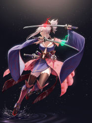 Rule 34 | 1girl, absurdres, black background, black thighhighs, breasts, cleavage, fate/grand order, fate (series), fire, hair ornament, highres, holding, holding sword, holding weapon, japanese clothes, katana, kimono, large breasts, leaf print, miyamoto musashi (fate), miyamoto musashi (third ascension) (fate), mugetsu2501, pink hair, ponytail, scabbard, sheath, shin guards, splashing, sword, thighhighs, water, weapon, zettai ryouiki
