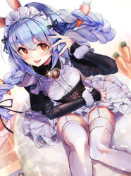Rule 34 | 1girl, alternate costume, animal ears, apron, blue hair, blush, braid, breasts, carrot hair ornament, commentary request, corset, enmaided, food-themed hair ornament, frilled apron, frills, hair between eyes, hair ornament, haruhina purple, highres, hikimayu, holding, holding hair, hololive, long hair, long sleeves, looking at viewer, maid, maid headdress, multicolored hair, orange eyes, outline, panties, pantyshot, rabbit-shaped pupils, rabbit ears, rabbit girl, short eyebrows, sitting, small breasts, solo, symbol-shaped pupils, thick eyebrows, thigh strap, thighhighs, twin braids, twintails, two-tone hair, underbust, underwear, usada pekora, virtual youtuber, waist apron, white hair, white outline, white thighhighs