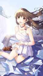 Rule 34 | 1girl, :o, absurdres, breasts, brown eyes, brown hair, dress, artistic error, highres, jewelry, long hair, necklace, original, paper airplane, papers, penny loafers, pinwheel, shadow, sheet music, shoes, unworn shoes, small breasts, solo, white dress