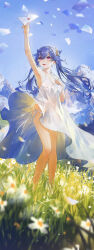 Rule 34 | 1girl, absurdres, arm up, bare arms, bare shoulders, blue hair, blue sky, blurry, blurry foreground, breasts, chinese commentary, clear sky, cleavage, clothes lift, commentary request, cone hair bun, day, diffraction spikes, double bun, dress, dress lift, envelope, floating hair, flower, genshin impact, grass, hair between eyes, hair bun, hair ornament, hand on own chest, highres, keqing (genshin impact), light blush, long hair, looking up, medium breasts, mountain, open mouth, outdoors, panties, pantyshot, purple eyes, see-through, see-through dress, side-tie panties, sky, sleeveless, sleeveless dress, smile, solo, spaghetti strap, standing, sundress, swkl:d, teeth, twintails, underwear, upper teeth only, white dress, white flower, white panties, wind, wind lift