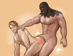 Rule 34 | &gt; o, 2boys, abs, almond cookie, anal, ass, balaclava, bara, beard stubble, blue eyes, brown hair, chest hair, closed mouth, cookie run, facial hair, highres, large pectorals, looking at another, male focus, male penetrated, mature male, multiple boys, muscle cookie, muscular, muscular male, navel, nipples, one eye closed, pectorals, sex, sex from behind, short hair, slap mark, spanked, stubble, sweat, sweatdrop, teeth, thick thighs, thighs, yaoi, yumilpang