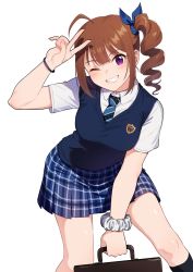 Rule 34 | 1girl, ahoge, badge, bag, black socks, blue sweater vest, blunt bangs, blush, breasts, brown hair, collared shirt, drill hair, feet out of frame, grin, hand on own head, hand to own head, highres, idolmaster, idolmaster million live!, idolmaster million live! theater days, kamille (vcx68), kneehighs, leaning forward, long hair, looking at viewer, medium breasts, miniskirt, necktie, one eye closed, plaid, plaid skirt, pleated skirt, purple eyes, school bag, school uniform, scrunchie, shirt, short sleeves, side drill, sidelocks, simple background, skirt, smile, socks, solo, summer uniform, summer uniform series (idolmaster), sweater vest, v, vest, white background, white shirt, yokoyama nao