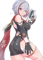 Rule 34 | 1girl, ass, black gloves, breasts, colored inner hair, detached sleeves, gloves, grey hair, grin, gun, hair between eyes, hand up, highres, hip vent, holding, holding gun, holding weapon, honkai: star rail, honkai (series), large breasts, looking at viewer, makabe gorou, multicolored hair, red hair, short hair, simple background, smile, solo, thigh strap, topaz (honkai: star rail), weapon, white background