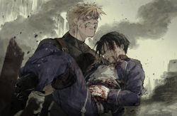 Rule 34 | 2boys, amestris military uniform, black footwear, black gloves, black hair, black shirt, bleeding, blonde hair, blood, blood on clothes, blue eyes, blue jacket, blue pants, boots, carrying, chest harness, clenched teeth, closed eyes, collared shirt, dirty, dirty face, feet out of frame, fullmetal alchemist, gloves, grimace, hair between eyes, hand on own stomach, harness, highres, injury, jacket, jean havoc, looking away, magic circle, male focus, manly, military, military uniform, multiple boys, outdoors, pants, princess carry, roy mustang, shirt, short hair, short sleeves, smoke, sweat, teeth, uniform, upper body, white gloves, yuu (kotobana 0418)