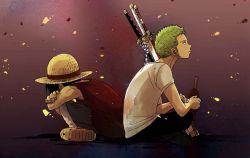 Rule 34 | 2boys, back-to-back, black hair, black pants, boots, embers, green hair, hat, indian style, male focus, monkey d. luffy, multiple boys, one piece, pants, red vest, roronoa zoro, sandals, sheath, sheathed, shirt, sitting, straw hat, sword, t-shirt, vest, weapon