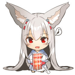 Rule 34 | 1girl, :d, absurdly long hair, animal ear fluff, animal ears, barefoot, chibi, commentary request, eighth note, fox ears, fox girl, fox tail, fringe trim, full body, grey hair, hair between eyes, japanese clothes, kimono, long hair, long sleeves, musical note, obi, open mouth, original, patch, pink scarf, plaid, plaid scarf, price tag, red eyes, sash, scarf, simple background, smile, solo, spoken musical note, standing, tail, very long hair, white background, white kimono, wide sleeves, yuuji (yukimimi)