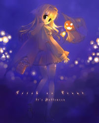 Rule 34 | 1girl, basket, blue background, brown eyes, brown hair, cape, hair intakes, halloween, hat, jack-o&#039;-lantern, light particles, long hair, looking back, original, pumpkin, shoes, skirt, smile, solo, thighhighs, touto seiro, trick or treat, witch hat