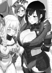 Rule 34 | 1boy, 3girls, absurdres, armor, arms behind back, arms up, blush, braid, breasts, chain, cleavage, closed eyes, crying, dawalixi, detached sleeves, fur trim, gloves, greyscale, hair between eyes, hair ornament, hair over shoulder, highres, knight, large areolae, large breasts, leotard, looking at another, monochrome, multiple girls, neisa (pandea work), nipple stimulation, nipple tweak, onean (pandea work), open mouth, original, restrained, short hair, sidelocks, single braid, sweat, tears, the elder scrolls, the elder scrolls v: skyrim, thighhighs, thighs, tile floor, tiles