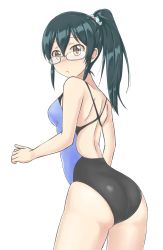 Rule 34 | 1girl, aimobake, ass, back, bad id, bad twitter id, black one-piece swimsuit, blue one-piece swimsuit, closed mouth, competition swimsuit, cowboy shot, from behind, frown, glasses, green scrunchie, grey-framed eyewear, hair ornament, hair scrunchie, highres, idolmaster, idolmaster cinderella girls, long hair, looking at viewer, looking back, ohishi izumi, one-piece swimsuit, ponytail, scrunchie, semi-rimless eyewear, simple background, solo, standing, swimsuit, two-tone swimsuit, under-rim eyewear, white background