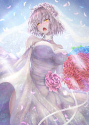 Rule 34 | 1girl, absurdres, ahoge, alternate costume, bare shoulders, blue background, bouquet, breasts, bridal veil, choker, clothes lift, commentary request, dress, elbow gloves, fate/grand order, fate (series), flower, frills, gloves, hair flower, hair ornament, highres, jeanne d&#039;arc (fate), jeanne d&#039;arc alter (avenger) (fate), jeanne d&#039;arc alter (fate), large breasts, lifted by self, open mouth, penguintake, petals, purple wedding dress, rose, short hair, silver hair, skirt, skirt lift, solo, star (symbol), starry background, strapless, strapless dress, thighs, tsurime, veil, wedding, wedding dress, yellow eyes