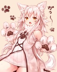 Rule 34 | 1girl, animal ear fluff, animal ears, animal hands, bare shoulders, borrowed character, brown background, brown eyes, dress, fang, fur-trimmed dress, fur trim, gloves, hair between eyes, highres, long hair, looking at viewer, open mouth, original, paw gloves, saku (kazana), sleeveless, sleeveless dress, solo, sukemyon, tail, translation request, very long hair, white dress, white gloves, white hair, wolf ears, wolf girl, wolf tail