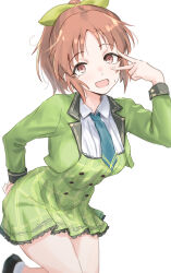 Rule 34 | 1girl, abe nana, blue necktie, blush, breasts, brown hair, cropped jacket, dress, foot out of frame, green dress, green jacket, highres, idolmaster, idolmaster cinderella girls, idolmaster cinderella girls starlight stage, jacket, looking at viewer, medium breasts, necktie, plaid, plaid dress, ponytail, simple background, solo, sweatdrop, unu (unucence), v, v over eye, white background