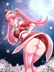 Rule 34 | 1girl, alternate costume, ass, breasts, christmas, female focus, fire emblem, fire emblem: three houses, fire emblem heroes, flower, gloves, hair flower, hair ornament, highres, hilda valentine goneril, looking at viewer, matching hair/eyes, nintendo, panties, pantyshot, pink eyes, pink hair, pink thighhighs, santa costume, simple background, solo, striped clothes, striped thighhighs, takobe, thighhighs, tongue, tongue out, twintails, underwear, upskirt, white gloves