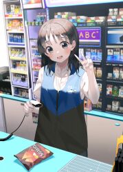 Rule 34 | 1girl, absurdres, bag of chips, barcode scanner, black eyes, black hair, blush, brand name imitation, cashier, collared shirt, commentary, convenience store, counter, doritos, employee uniform, hand up, highres, holding scanner, indoors, kanzi, looking at viewer, medium hair, name tag, open mouth, original, shirt, shop, short sleeves, smile, solo, store clerk, symbol-only commentary, teeth, uniform, upper teeth only, v, white shirt