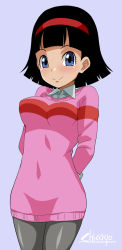 Rule 34 | 1girl, arms behind back, black hair, blue eyes, blush, breasts, chicago-x, covered navel, dragon ball, dragonball z, grey background, grey pantyhose, hairband, highres, long sleeves, pantyhose, short hair, signature, simple background, smile, solo, sweater, videl