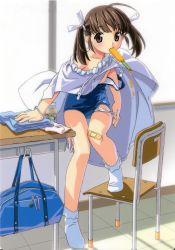 Rule 34 | 1girl, ahoge, arm support, bag, bandaid, bandaid on knee, bandaid on leg, bobby socks, bow, bow panties, brown eyes, brown hair, chair, changing clothes, collarbone, desk, food, hair ornament, hair ribbon, hairclip, highres, indoors, jpeg artifacts, key, looking at viewer, melting, mouth hold, no shoes, one-piece swimsuit, panties, popsicle, ribbon, school bag, school desk, school swimsuit, socks, solo, swimsuit, tile floor, tiles, twintails, underwear, undressing, watanabe akio, white panties, white socks