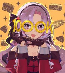 Rule 34 | 1girl, :d, bare shoulders, blush, brown gloves, chest tattoo, claw ring, dress, glasses, gloves, hair ornament, hair ribbon, hairband, hands up, highres, hsin, hyakumantenbara salome, hyakumantenbara salome (1st costume), juliet sleeves, light purple hair, long hair, long sleeves, looking at viewer, milestone celebration, nijisanji, off shoulder, open mouth, puffy sleeves, purple eyes, purple ribbon, red dress, ribbon, smile, solo, tattoo, upper body, virtual youtuber, yellow background
