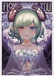 Rule 34 | 1girl, absurdres, alternate costume, blue eyes, blush, border, bouquet, breasts, bridal gauntlets, brown horns, commentary request, demon girl, demon horns, dress, flower, grey dress, grey rose, heterochromia, highres, holding, holding bouquet, horns, jewelry, looking at viewer, medium bangs, medium breasts, nanashi inc., necklace, open mouth, pearl necklace, pointy ears, ring, rose, sekishiro mico, short hair, smile, solo, touki31249960, upper body, virtual youtuber, wedding dress, white border, white bridal gauntlets, white flower, white rose, yellow eyes