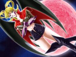 1girl blonde_hair boots cape crossed_arms moon red_moon skirt wings