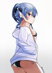 Rule 34 | 1girl, ass, bikini, bikini under clothes, black bikini, blue hair, closed mouth, cowboy shot, flat chest, from behind, hair ribbon, hand in pocket, highres, hiroikara (smhong04), hololive, hoshimachi suisei, jacket, long sleeves, looking at viewer, looking back, medium hair, open clothes, open jacket, profile, purple eyes, ribbon, simple background, solo, star (symbol), star in eye, swimsuit, symbol in eye, twintails, virtual youtuber, white background, white jacket
